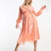 ASOS Maternity ASOS DESIGN Maternity - Vestito Midi Color Corallo Decorato A Fiori Con Inserto In Pizzo E Laccetti In Raso