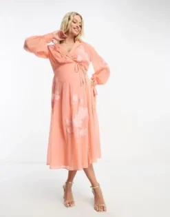ASOS Maternity ASOS DESIGN Maternity - Vestito Midi Color Corallo Decorato A Fiori Con Inserto In Pizzo E Laccetti In Raso -Vendite ASOS Maternity || RIVER ISLAND || Monki 204307744 4