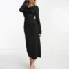 ASOS DESIGN - Vestito Midi Nero A Maniche Lunghe Con Incrocio Sul Collo