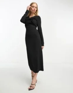 ASOS DESIGN - Vestito Midi Nero A Maniche Lunghe Con Incrocio Sul Collo