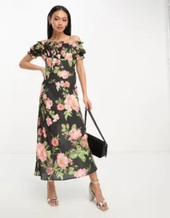 ASOS DESIGN - Vestito Milkmaid Midi A Fiori Rosa Con Scollo Bardot E Allacciatura Sul Davanti
