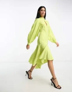 ASOS DESIGN - Vestito Al Polpaccio Color Lime Accollato E Allacciato Dietro Con Fondo Asimmetrico E Apertura A Goccia Sul Davanti -Vendite ASOS Maternity || RIVER ISLAND || Monki 204318491 4
