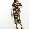 ASOS DESIGN Curve - Vestito Milkmaid Midi A Fiori Rosa Con Scollo Squadrato Con Allacciatura Sul Davanti