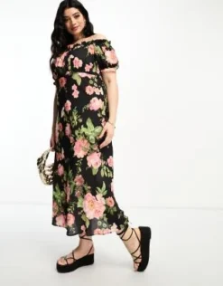 ASOS DESIGN Curve - Vestito Milkmaid Midi A Fiori Rosa Con Scollo Squadrato Con Allacciatura Sul Davanti -Vendite ASOS Maternity || RIVER ISLAND || Monki 204318492 4