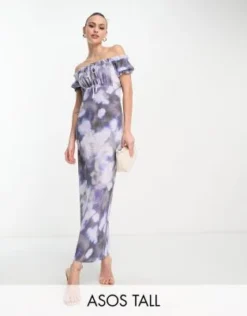 ASOS DESIGN Tall - Vestito Milkmaid Midi Blu A Fiori Con Scollo Squadrato Con Allacciatura Sul Davanti