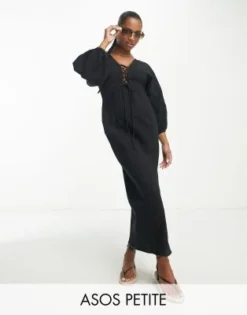 ASOS DESIGN Petite - Vestito Lungo Nero Stropicciato Con Lacci E Taglio Sbieco