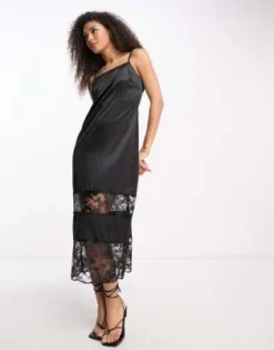 River Island - Vestito Sottoveste Nero Con Dettaglio In Pizzo