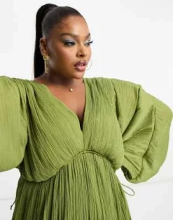 ASOS DESIGN Curve - Vestito Lungo A Trapezio Kaki Con Micro Pieghe E Maniche Ad Ali Di Pipistrello -Vendite ASOS Maternity || RIVER ISLAND || Monki 204337062 3