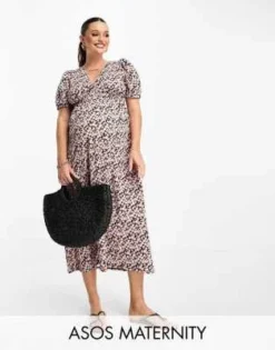 ASOS Maternity ASOS DESIGN Maternity - Vestito Midi Da Giorno Arricciato In Vita Con Maniche Voluminose A Fiorellini