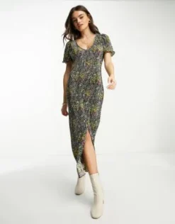 ASOS DESIGN - Vestito Midi Plissé A Fiorellini Con Bottoni Sul Davanti