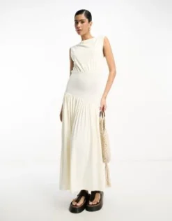 ASOS DESIGN - Vestito Midi Drappeggiato Crema Con Fascia In Vita Asimmetrica