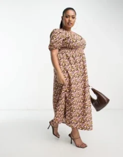 ASOS DESIGN Curve - Vestito Midi Da Giorno Arricciato In Vita Con Maniche Voluminose Con Stampa A Fiorellini