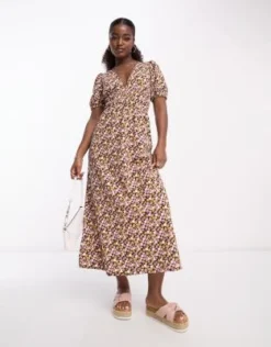 ASOS DESIGN - Vestito Midi Da Giorno Arricciato In Vita Con Maniche Voluminose Con Stampa A Fiorellini Rosa Polvere