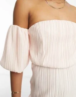 ASOS DESIGN Tall - Vestito Midi Plissé Con Spalle Scoperte E Maniche A Sbuffo Color Cipria -Vendite ASOS Maternity || RIVER ISLAND || Monki 204343987 2