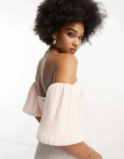 ASOS DESIGN Tall - Vestito Midi Plissé Con Spalle Scoperte E Maniche A Sbuffo Color Cipria -Vendite ASOS Maternity || RIVER ISLAND || Monki 204343987 3