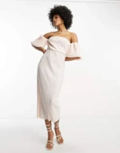 ASOS DESIGN Tall - Vestito Midi Plissé Con Spalle Scoperte E Maniche A Sbuffo Color Cipria -Vendite ASOS Maternity || RIVER ISLAND || Monki 204343987 4