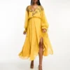 ASOS DESIGN Tall - Vestito Midi Color Senape Con Vita Elasticizzata E Decorazioni Floreali E A Reticolo
