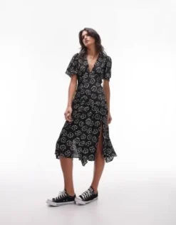 Topshop - Vestito Da Giorno Midi Monocromatico A Fiori Con Scollo A V