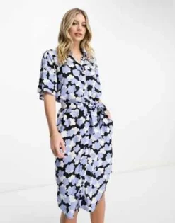 Monki - Vestito Camicia Midi Allacciato In Vita A Fiori Blu
