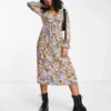 Monki - Vestito Midi A Maniche Lunghe Con Stampa A Fiori Multicolore
