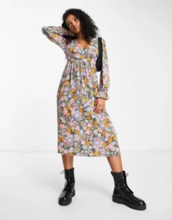 Monki - Vestito Midi A Maniche Lunghe Con Stampa A Fiori Multicolore
