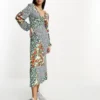 ASOS DESIGN - Vestito Midi A Maniche Lunghe Con Scollo A V E Stampa Mista