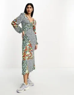 ASOS DESIGN - Vestito Midi A Maniche Lunghe Con Scollo A V E Stampa Mista