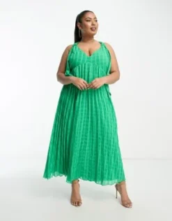 ASOS DESIGN Curve - Vestito Midi A Pieghe Con Scollo Profondo E Spalline Annodate In Jacquard Verde Smeraldo A Quadri -Vendite ASOS Maternity || RIVER ISLAND || Monki 204353202 4