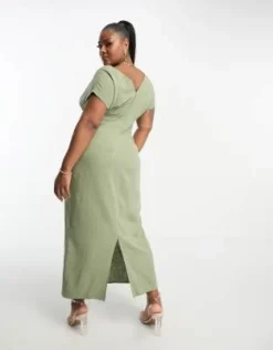 ASOS DESIGN Curve - Vestito Midi In Lino Kaki Con Scollo A V, Gonna Longuette E Doppio Fiocco -Vendite ASOS Maternity || RIVER ISLAND || Monki 204353271 2