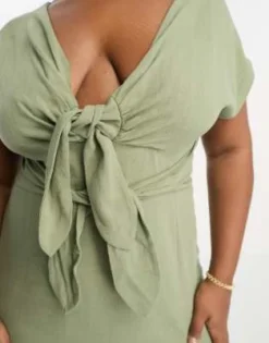 ASOS DESIGN Curve - Vestito Midi In Lino Kaki Con Scollo A V, Gonna Longuette E Doppio Fiocco -Vendite ASOS Maternity || RIVER ISLAND || Monki 204353271 3