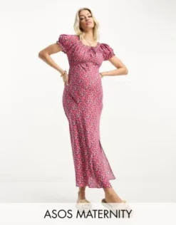 ASOS Maternity ASOS DESIGN Maternity - Vestito Milkmaid Midi In Viscosa Con Laccetti Sullo Scollo E Stampa A Fiori