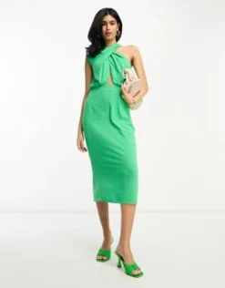 ASOS DESIGN - Vestito Longuette Verde Monospalla Senza Maniche Con Scollo Incrociato