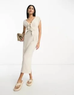 ASOS DESIGN - Vestito Midi In Lino Color Pietra Con Scollo A V, Gonna Longuette E Doppio Fiocco -Vendite ASOS Maternity || RIVER ISLAND || Monki 204353471 4