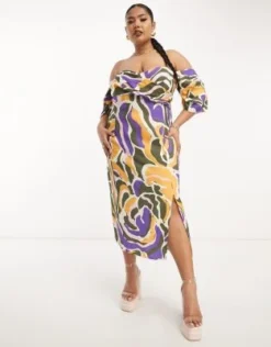 Esclusiva ASOS DESIGN Curve - Vestito Midi A Pieghe Con Spalle Scoperte E Bustino Avvolgente Con Stampa Astratta