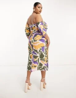 Esclusiva ASOS DESIGN Curve - Vestito Midi A Pieghe Con Spalle Scoperte E Bustino Avvolgente Con Stampa Astratta -Vendite ASOS Maternity || RIVER ISLAND || Monki 204353840 3
