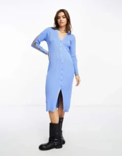 Object - Vestito Midi Blu Con Bottoni E Cut-out