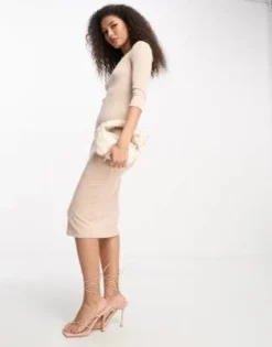 River Island - Vestito Midi Beige A Coste Con Maniche A 3 Quarti E Dettaglio Sul Collo -Vendite ASOS Maternity || RIVER ISLAND || Monki 204356131 3