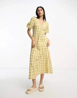 ASOS DESIGN - Vestito Da Giorno Midi Giallo A Quadri Testurizzato