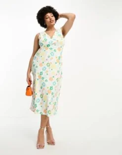 Glamorous Curve - Vestito A Trapezio Midi Anni '90 Con Stampa A Fiori Primaverili Rétro