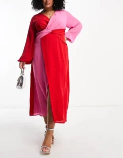 Pretty Lavish Curve - Vestito Lungo Rosa E Rosso A Contrasto Con Nodo Sul Davanti