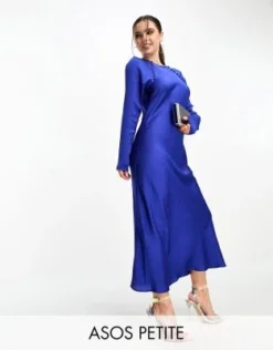 ASOS DESIGN Petite - Vestito Lungo In Raso Blu Cobalto Con Taglio Sbieco E Bottoni