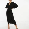 ASOS DESIGN - Vestito Midi A Portafoglio Con Colletto Nero Testurizzato