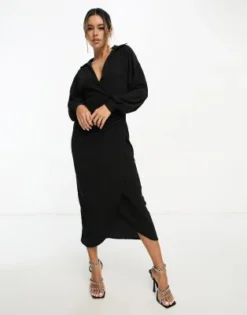 ASOS DESIGN - Vestito Midi A Portafoglio Con Colletto Nero Testurizzato -Vendite ASOS Maternity || RIVER ISLAND || Monki 204379077 4