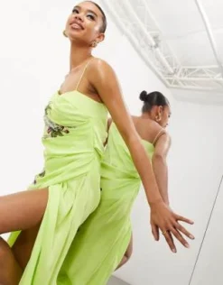 ASOS EDITION - Vestito Midi A Canottiera In Raso Verde Lime Drappeggiato Con Ricamo Di Fiori Di Ciliegio -Vendite ASOS Maternity || RIVER ISLAND || Monki 204379175 3