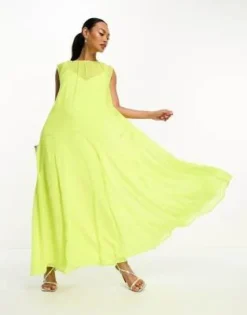 ASOS DESIGN - Vestito Grembiule Senza Maniche In Chiffon Color Lime Con Dettaglio Godet Alto