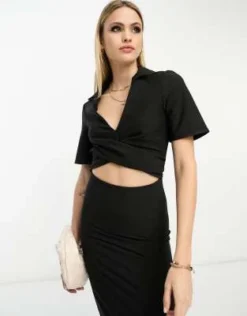 ASOS DESIGN Tall - Vestito Midi Incrociato Sul Davanti Nero Con Cut-out E Colletto -Vendite ASOS Maternity || RIVER ISLAND || Monki 204400482 3