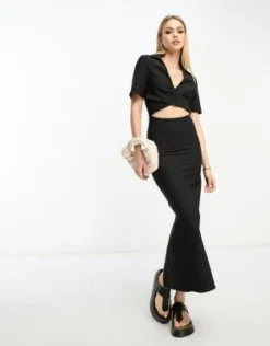 ASOS DESIGN Tall - Vestito Midi Incrociato Sul Davanti Nero Con Cut-out E Colletto -Vendite ASOS Maternity || RIVER ISLAND || Monki 204400482 4