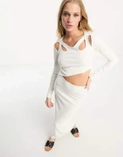 ASOS DESIGN - Vestito Midi A Maniche Lunghe Color Avorio A Coste Con Cut-out -Vendite ASOS Maternity || RIVER ISLAND || Monki 204400493 4