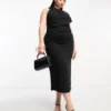 ASOS DESIGN Curve - Vestito Midi Accollato Nero Arricciato Sulla Spalla