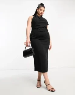 ASOS DESIGN Curve - Vestito Midi Accollato Nero Arricciato Sulla Spalla